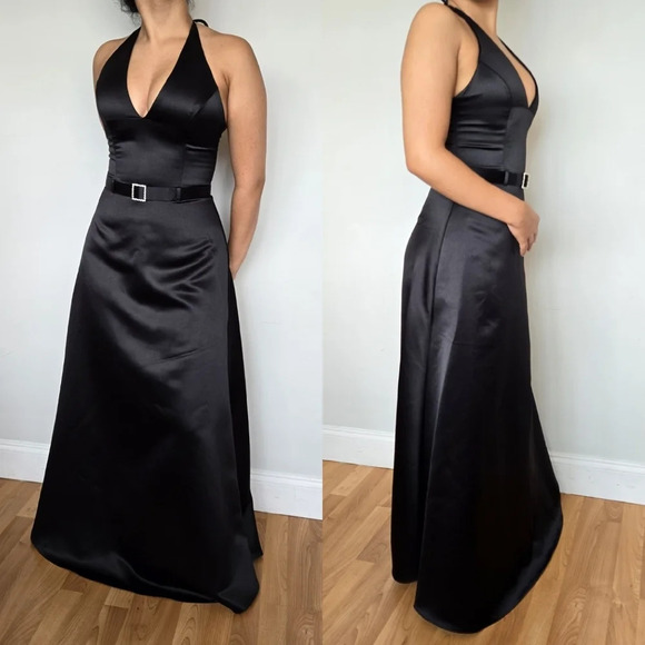 Scott McClintoch Vintage Black Tie Satin Gown‎ Rhinestone Buckle Belted Size 8 - Picture 2 of 15